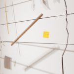 Site-specific installation: metal, brass, clay, printed fabric, wood, household paint, radiograph pen drawing on yellow sticky note, metal structure aprox: 100 x 87 x 17 inches // 254 x 221 x 43.2 cm, 2016–17