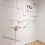 Site-specific installation: metal, brass, clay, printed fabric, wood, household paint, radiograph pen drawing on yellow sticky note, metal structure aprox: 100 x 87 x 17 inches // 254 x 221 x 43.2 cm, 2016–17
<br>
(installation view from: “Where Do We Stand? Two Years of Drawing with Open Sessions,” curated by Nova Benway and Lisa Sigal, The Drawing Center, New York, 2017)