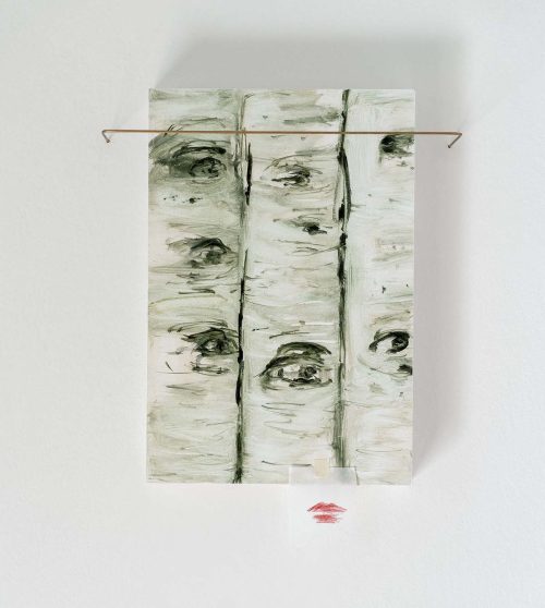 Irini Miga “When the Birds Come, I Will Sing Along” 2024 oil on wood, tracing paper, colored pencil, tape, adhesive, brass Dimensions: Panel: 32 x 21.5 cm.  | 12 1/2 x 8 1/2 in. In total: 38 x 28.5 cm.   |  15 x 11 1/4 in.