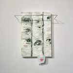 oil on wood, tracing paper, colored pencil, tape, adhesive, brass Dimensions: Panel: 32 x 21.5 x 3 cm.  | 12 1/2 x 8 1/2 x 1 in. In total: 38 x 28.5 x 7 cm.   |  15 x 11 1/4 x 2 3/4 in. 2024