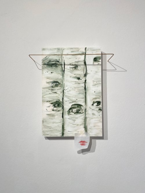 oil on wood, tracing paper, colored pencil, tape, adhesive, brass Dimensions: Panel: 32 x 21.5 x 3 cm.  | 12 1/2 x 8 1/2 x 1 in. In total: 38 x 28.5 x 7 cm.   |  15 x 11 1/4 x 2 3/4 in. 2024
